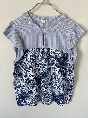 dylan Blue & White nautical coastal linen Mixed-Print Flutter Sleeve Tank S